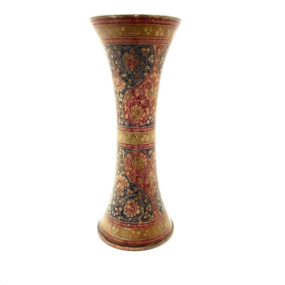 Vintage Kashmir Etched Brass Vase #52 Red & Black Detail